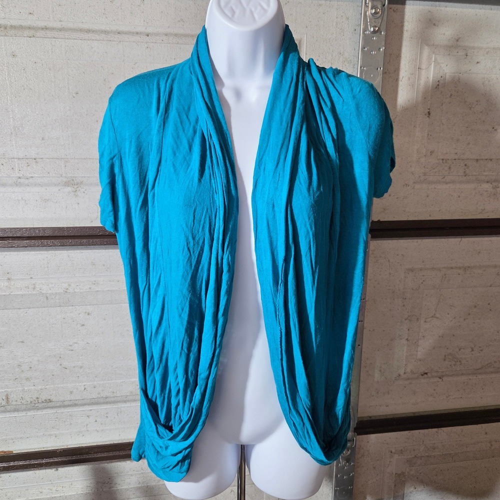 Y2k Rue21 Teal Blue Draped Open‎ Front Cardigan Short Sleeve Pockets Large
